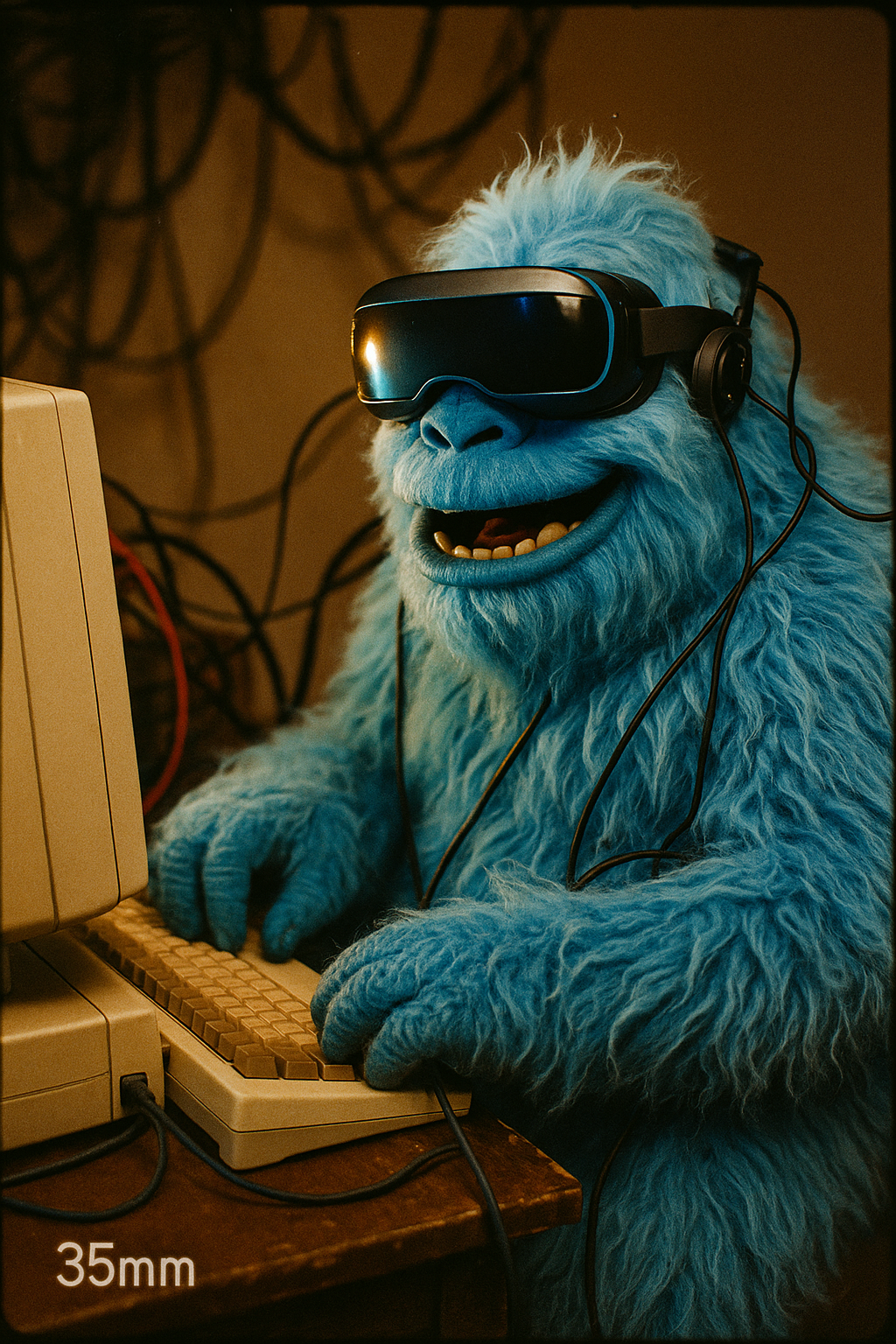 Friendly character exploring virtual reality